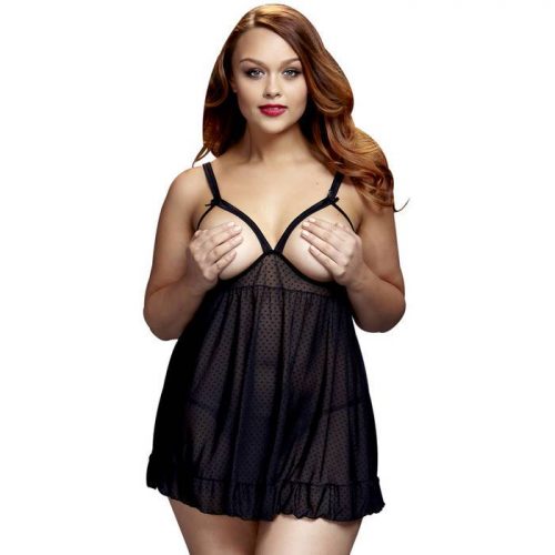 Baci Lingerie Plus Size Open Cup Black Polka Dot Babydoll - Baci Lingerie