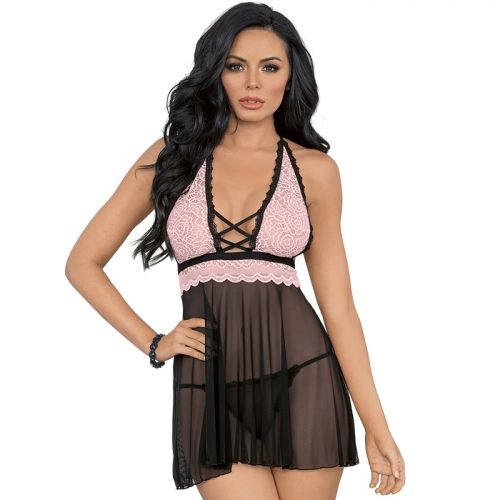 Escante Baby Pink and Black Sheer Babydoll Set - Escante