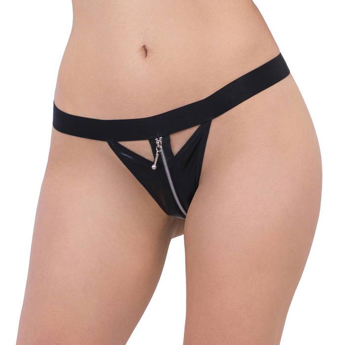 Escante Black Wet Look Zip Front Thong - Escante