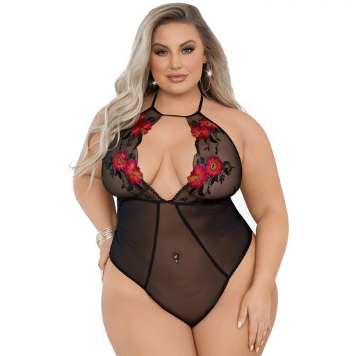 Escante Plus Size Black Sheer Halterneck Embroidered Floral Body - Escante