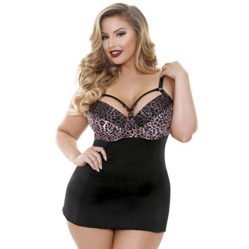 Fantasy Curve Plus Size Underwired Leopard Trim Chemise Set - Fantasy Lingerie