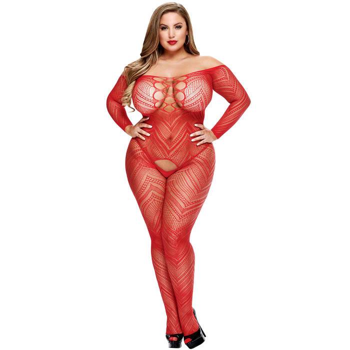 Lapdance Plus Size Long Sleeve Bardot Crotchless Bodystocking - Lapdance