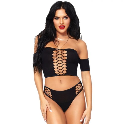 Leg Avenue Black Cut-Out Crop Top and Thong - Leg Avenue