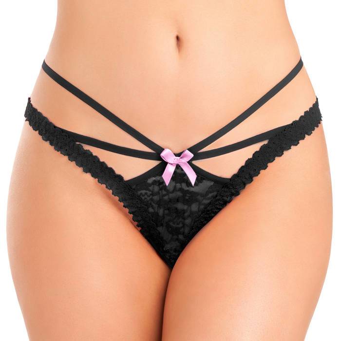 Lovehoney Black Crotchless Strappy Lace Thong - Lovehoney Lingerie