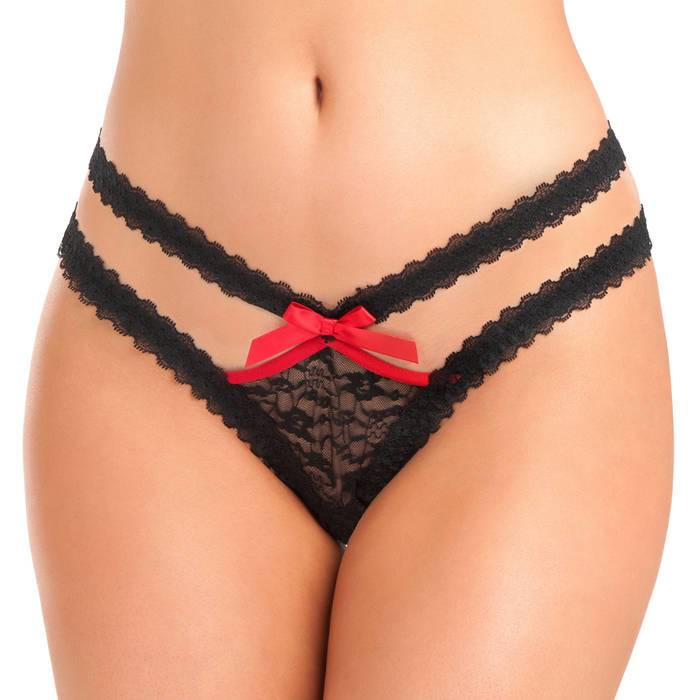 Lovehoney Black Cut-Out Side Crotchless Lace Thong - Lovehoney Lingerie