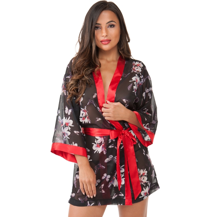 Lovehoney Black Floral Sheer Robe - Lovehoney Lingerie