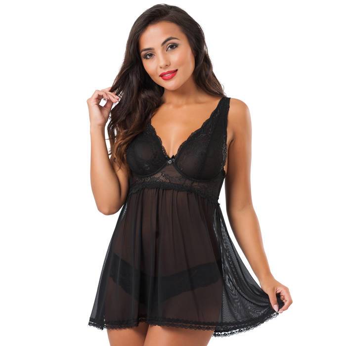 Lovehoney Love Me Black Lace Soft Cup Babydoll Set - Lovehoney Lingerie