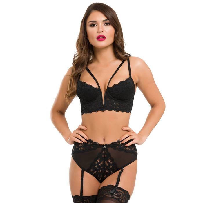 Lovehoney Parisienne Black Plunge Longline Bra and Crotchless Thong Set - Lovehoney Lingerie