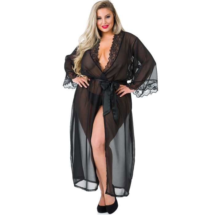 Lovehoney Plus Size Barely There Long Sheer Black Robe - Lovehoney Lingerie