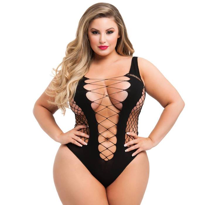 Lovehoney Plus Size Black Deep Plunge Fence Net Body - Lovehoney Lingerie