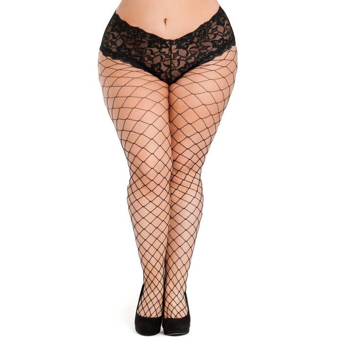 Lovehoney Plus Size Black Fence Net Tights with Crotchless Knickers - Lovehoney Lingerie