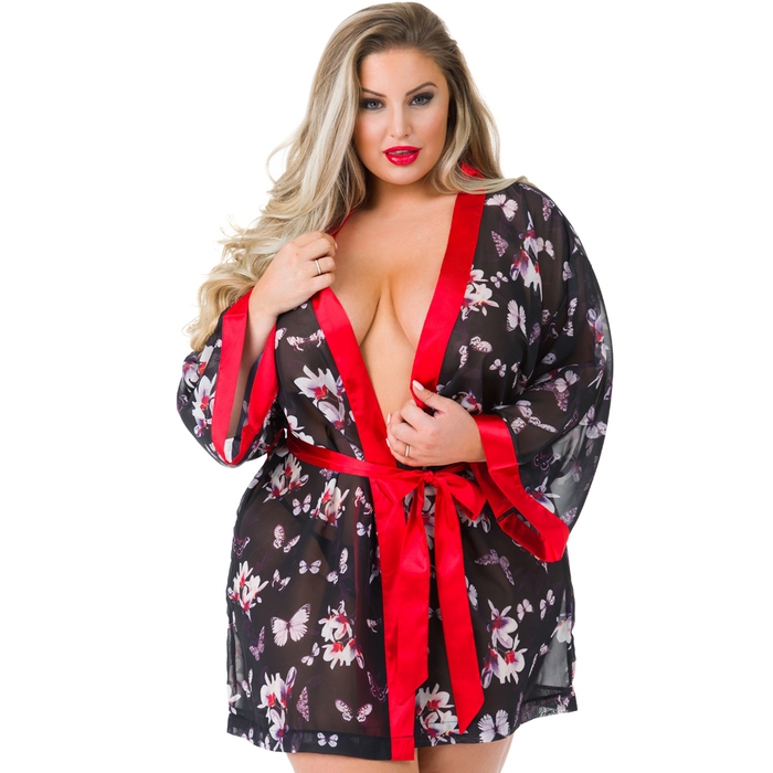 Lovehoney Plus Size Black Floral Sheer Robe - Lovehoney Lingerie