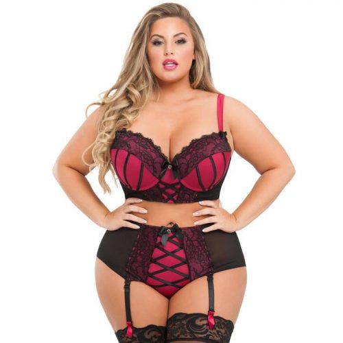 Lovehoney Plus Size Boudoir Belle Cherry Push-Up Longline Bra Set - Lovehoney Lingerie