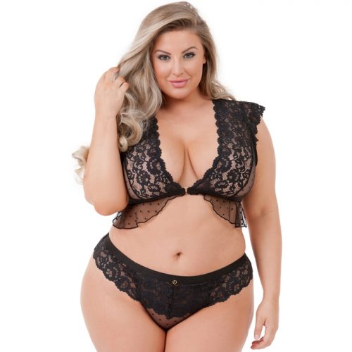 Lovehoney Plus Size Celeste Black Lace Front-Fastening Bra Set - Lovehoney Lingerie