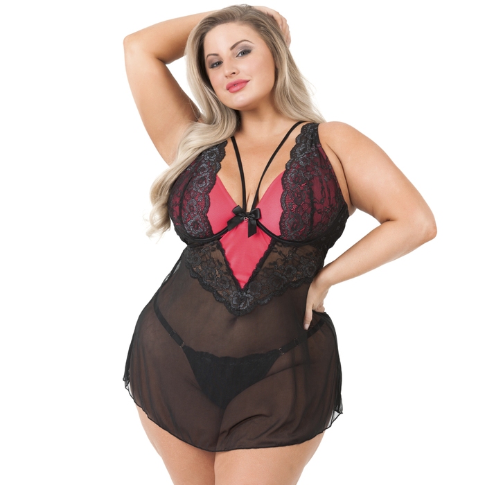 Lovehoney Plus Size Enchanted Red and Black Lace Babydoll Set - Lovehoney Lingerie