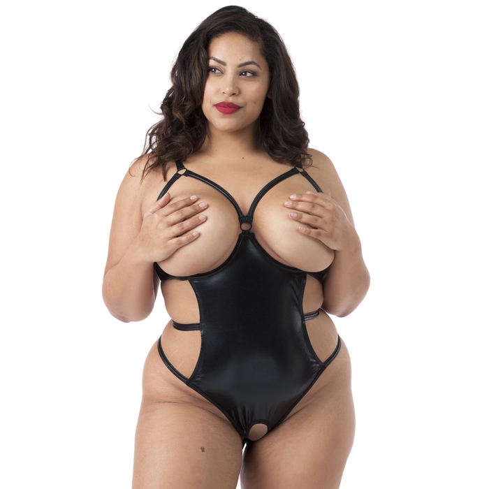 Lovehoney Plus Size Fierce Wet Look Open Cup Body - Lovehoney Lingerie