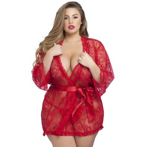 Lovehoney Plus Size Flaunt Me Red Lace Robe - Lovehoney Lingerie