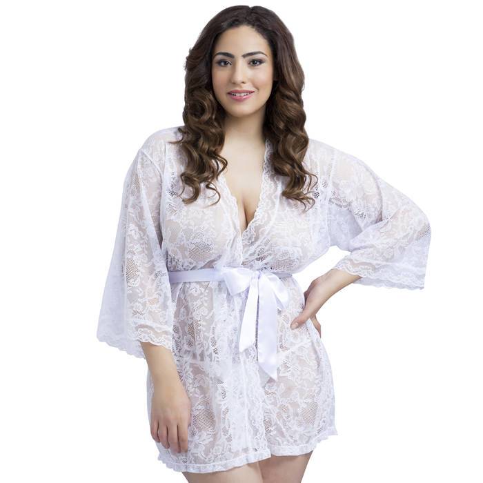 Lovehoney Plus Size Flaunt Me White Floral Lace Robe - Lovehoney Lingerie