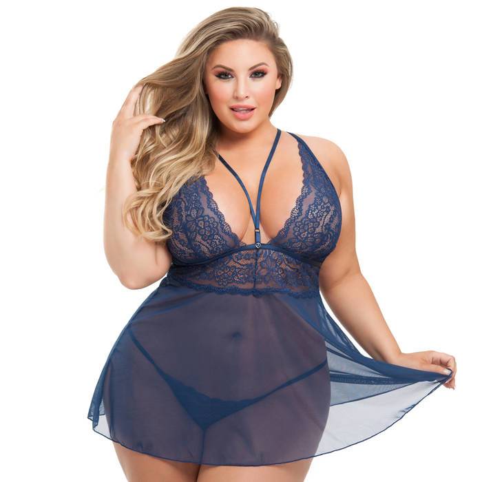 Lovehoney Plus Size Late Night Liaison Blue Lace Babydoll Set - Lovehoney Lingerie