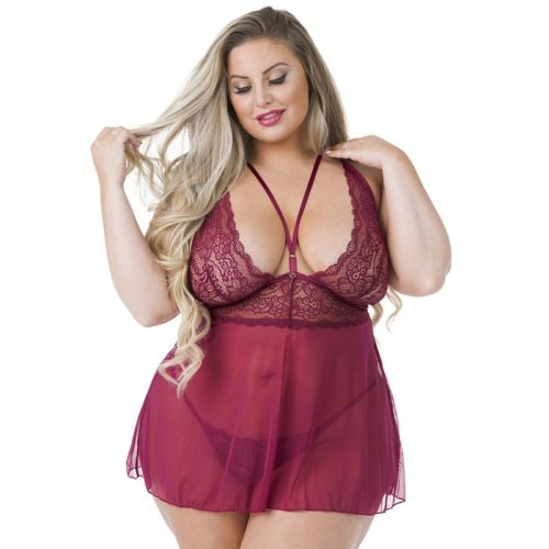 Lovehoney Plus Size Late Night Liaison Wine Lace Babydoll Set - Lovehoney Lingerie