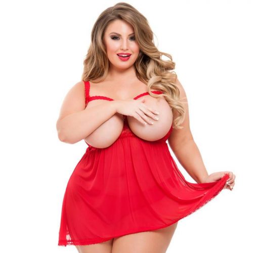 Lovehoney Plus Size Love Me Red Lace Open Cup Babydoll Set - Lovehoney Lingerie