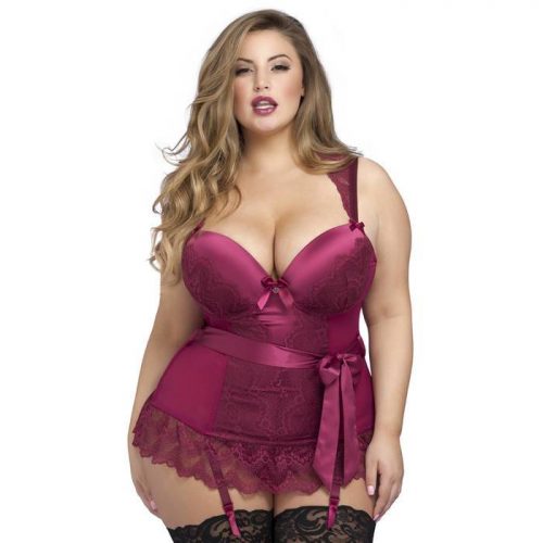 Lovehoney Plus Size Moonlight Wine Plunge Basque Set - Lovehoney Lingerie