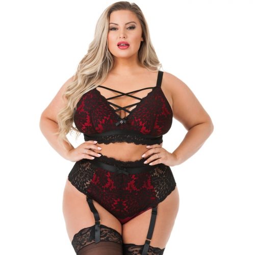 Lovehoney Plus Size Night Lily Wine and Black Lace Bra Set - Lovehoney Lingerie