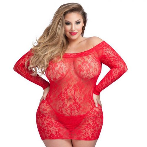 Lovehoney Plus Size Red Long Sleeve Lace Mini Dress - Lovehoney Lingerie