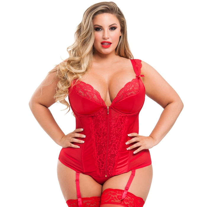 Lovehoney Plus Size Treasure Me Red Push-Up Basque Set - Lovehoney Lingerie