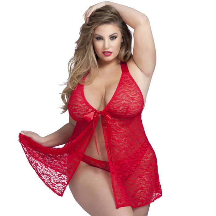 Lovehoney Plus Size Unwrap Me Red Lace Babydoll - Lovehoney Lingerie