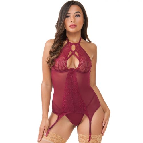 Lovehoney Twilight Temptation Wine Halterneck Basque Set - Lovehoney Lingerie