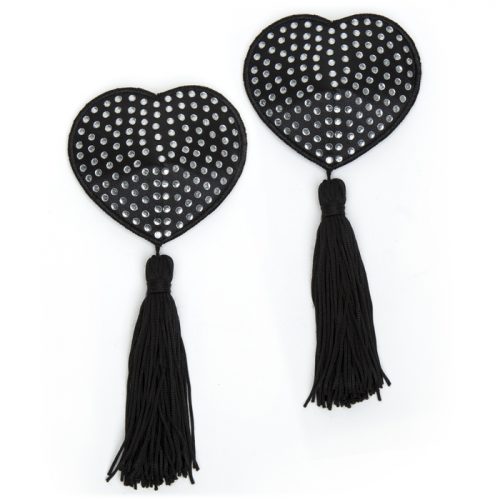 Peekaboos Black Satin Heart-Shaped Diamante Nipple Tassels - Nippies