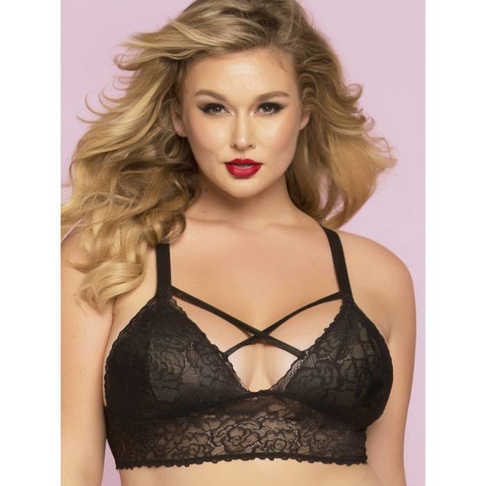 Seven 'til Midnight Plus Size Black Lace Longline Strappy Bralette - Seven 'til Midnight