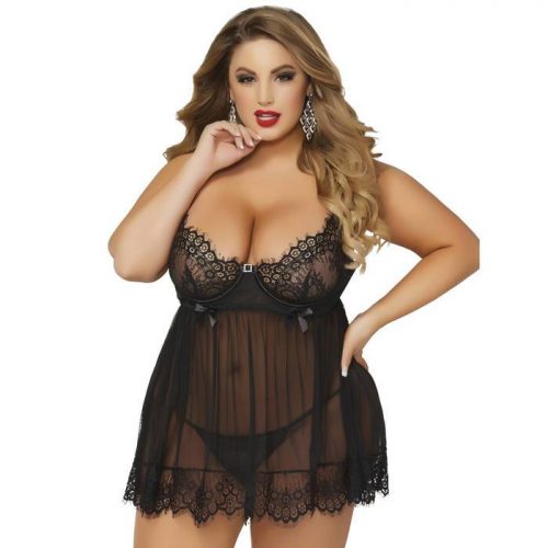 Seven 'til Midnight Plus Size Black Underwired Babydoll Set - Seven 'til Midnight