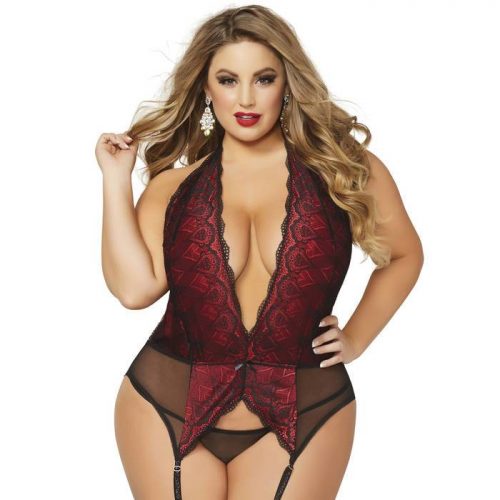 Seven 'til Midnight Plus Size Deep Plunge Suspender Chemise Set - Seven 'til Midnight