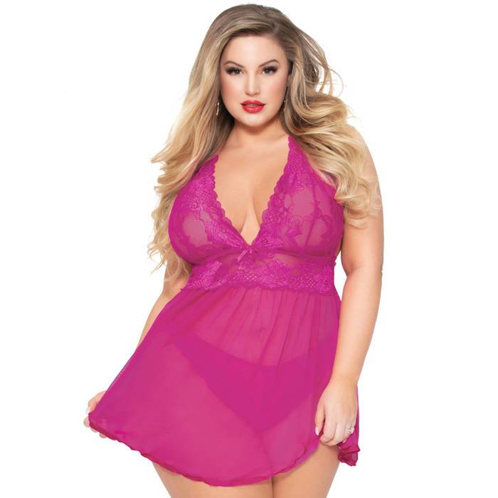 Seven 'til Midnight Plus Size Pink Lace and Mesh Babydoll Set - Seven 'til Midnight