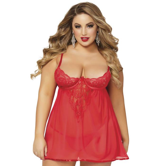 Seven 'til Midnight Plus Size Underwired 1/2 Cup Bow Back Babydoll Set - Seven 'til Midnight