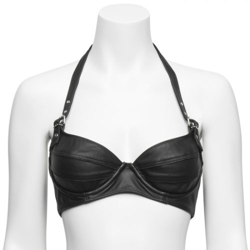 Black Leather Buckled Underwired Halterneck Bra - Unbranded