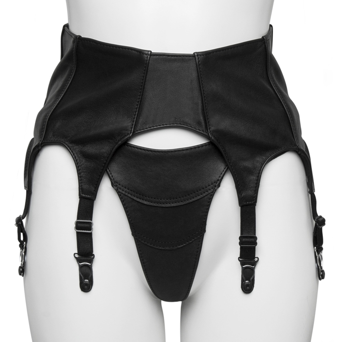 Black Leather Six Strap Suspender Belt - Unbranded