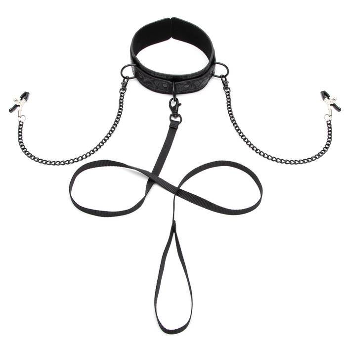 Bondage Boutique Black Rose Collar with Nipple Clamps - Bondage Boutique