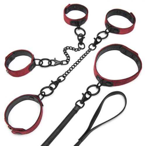 Bondage Boutique Ruby Velvet Collar, Wrist and Ankle Cuff Kit (3 Piece) - Bondage Boutique