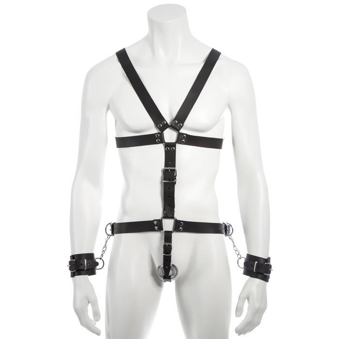 DOMINIX Deluxe Leather Body Harness with Cock Ring and Wrist Cuffs - DOMINIX