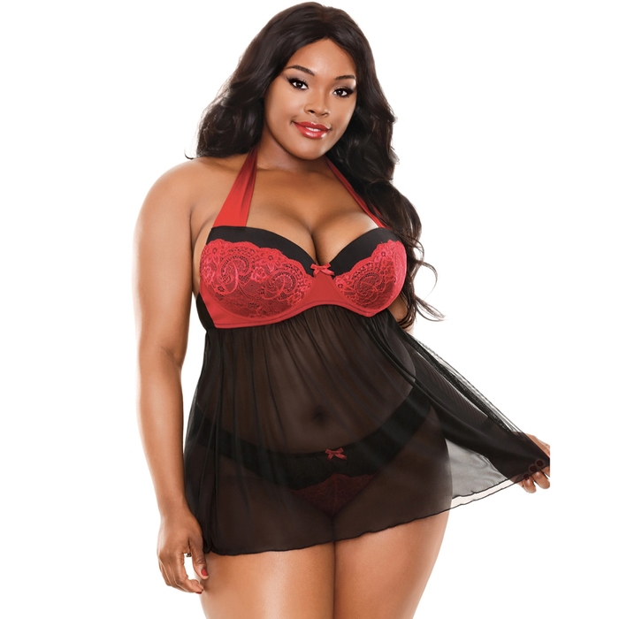 Fantasy Curve Plus Size Red Underwired Halterneck Babydoll Set - Fantasy Lingerie